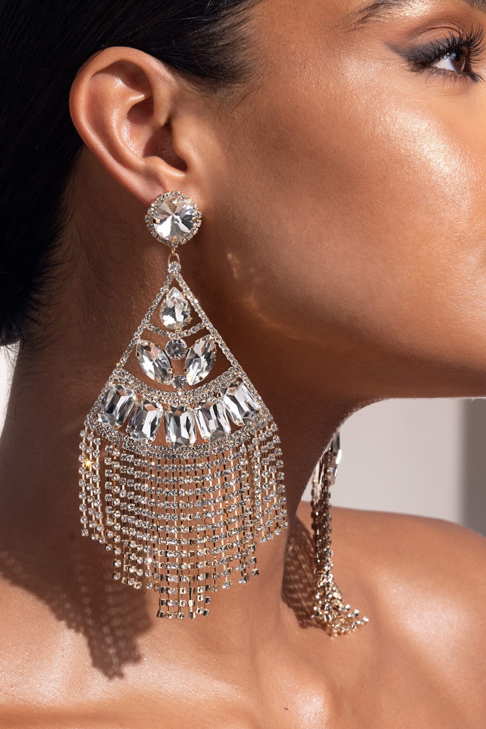 GOLD CRYSTAL DROP TASSEL EARRINGS FOR PARTY