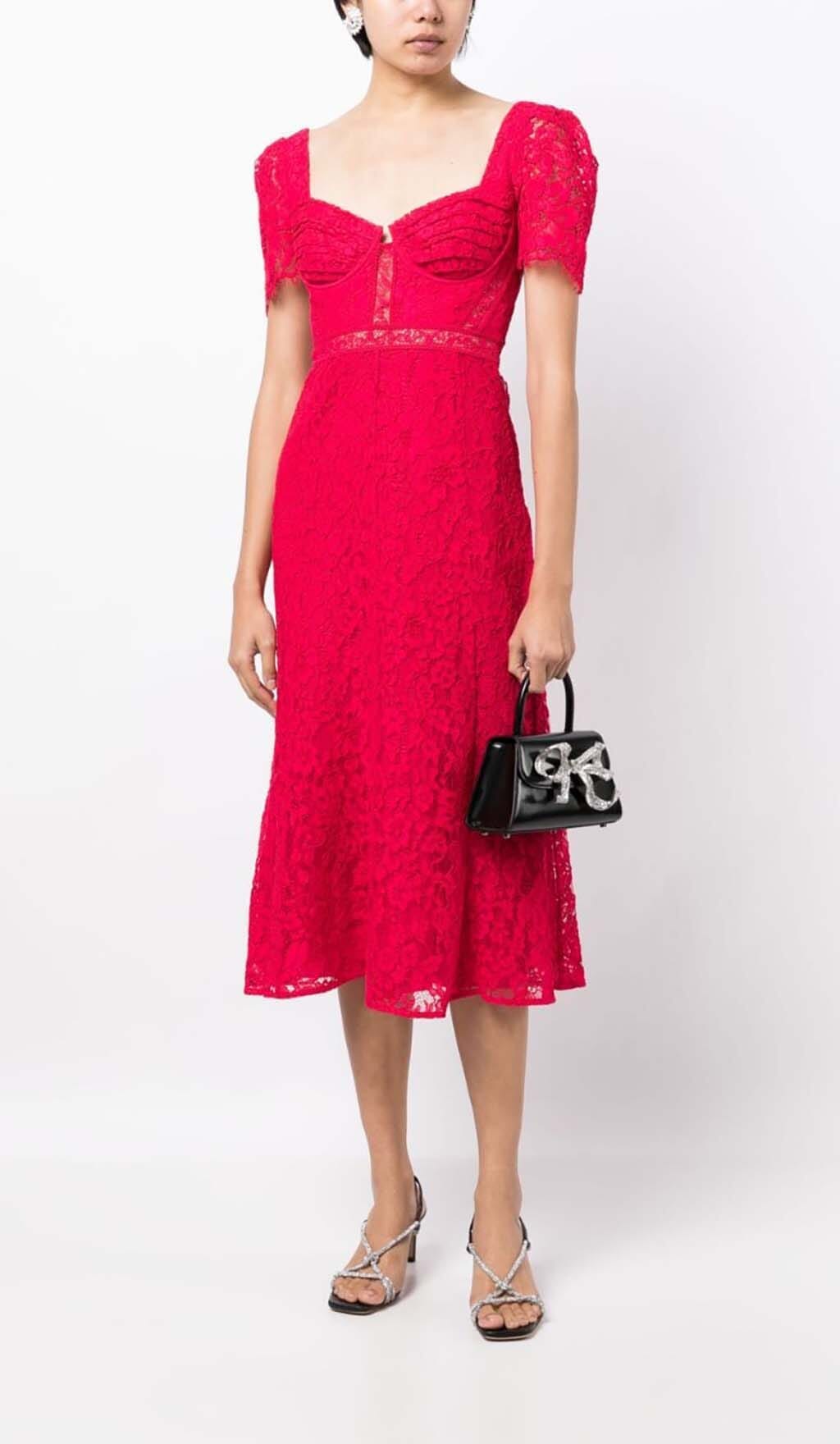 CREPE LACE MIDI DRESS, RED, WEDDING GUEST