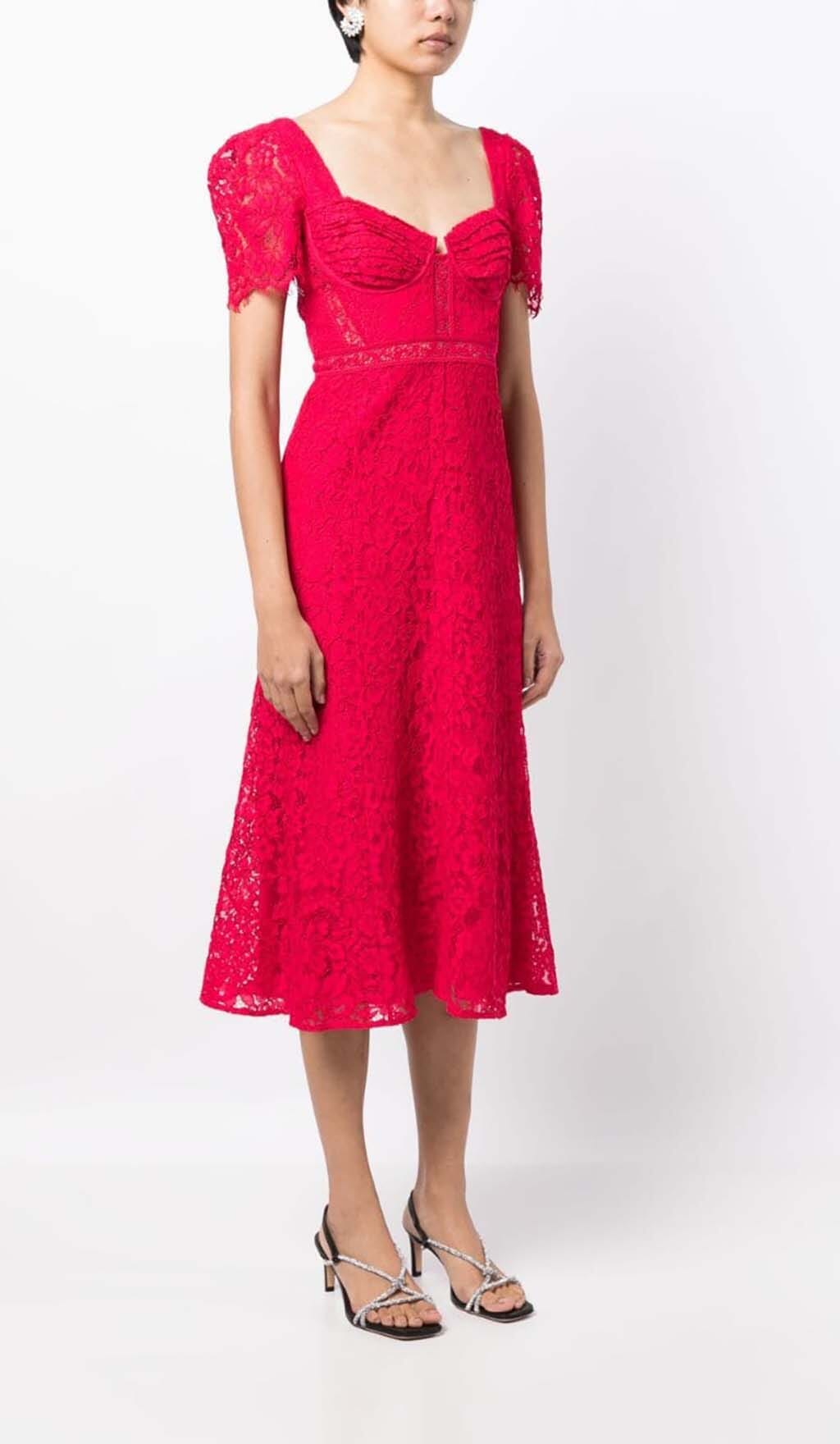 CREPE LACE MIDI DRESS, RED, WEDDING GUEST