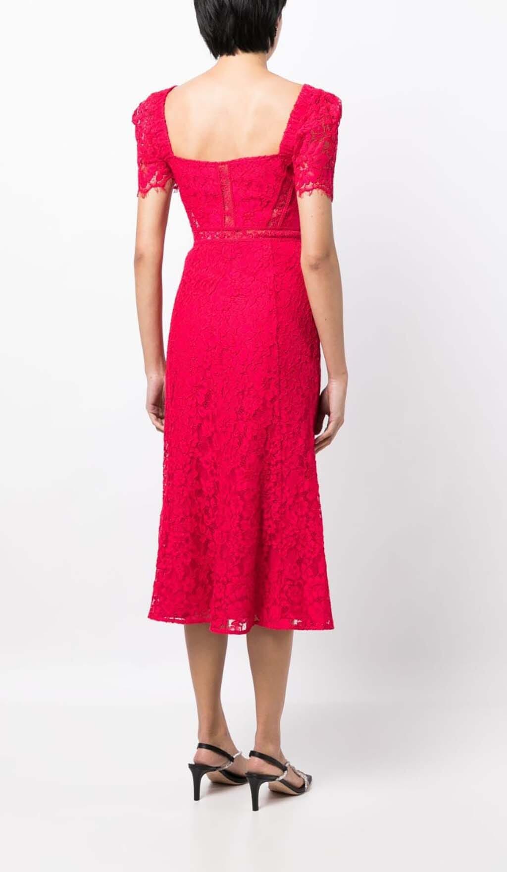 CREPE LACE MIDI DRESS, RED, WEDDING GUEST