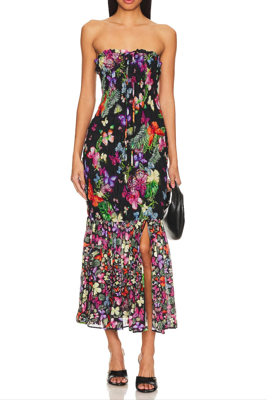 BUTTERFLY PRINT FISHTAIL WRAP MAXI DRESS