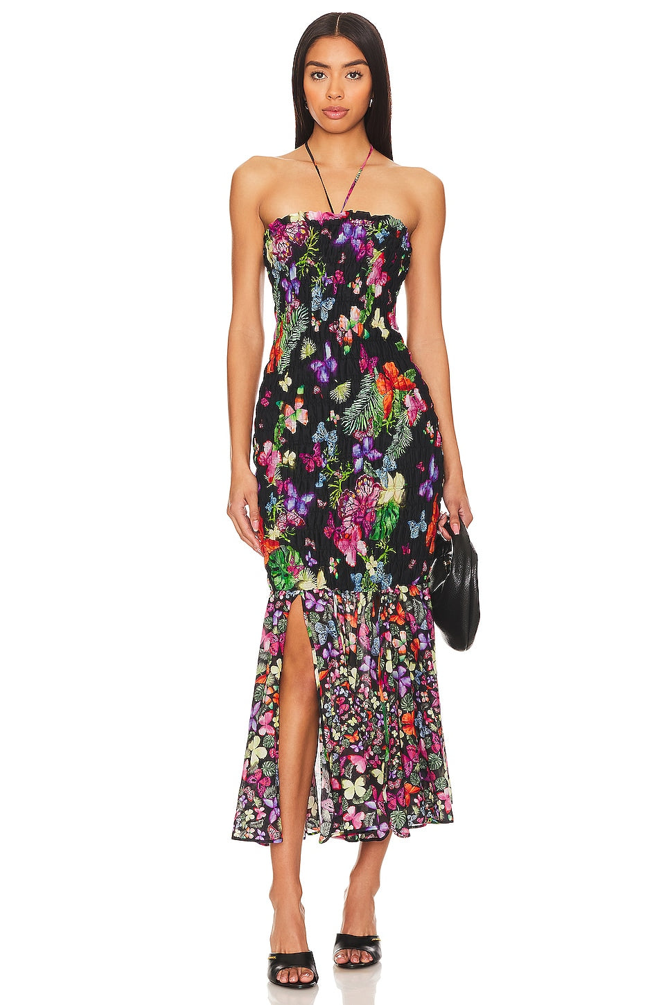 BUTTERFLY PRINT FISHTAIL WRAP MAXI DRESS
