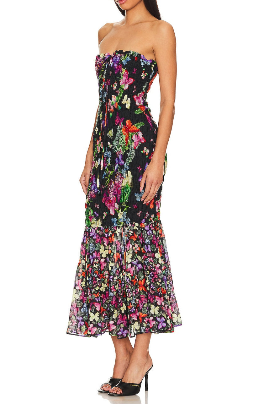 BUTTERFLY PRINT FISHTAIL WRAP MAXI DRESS