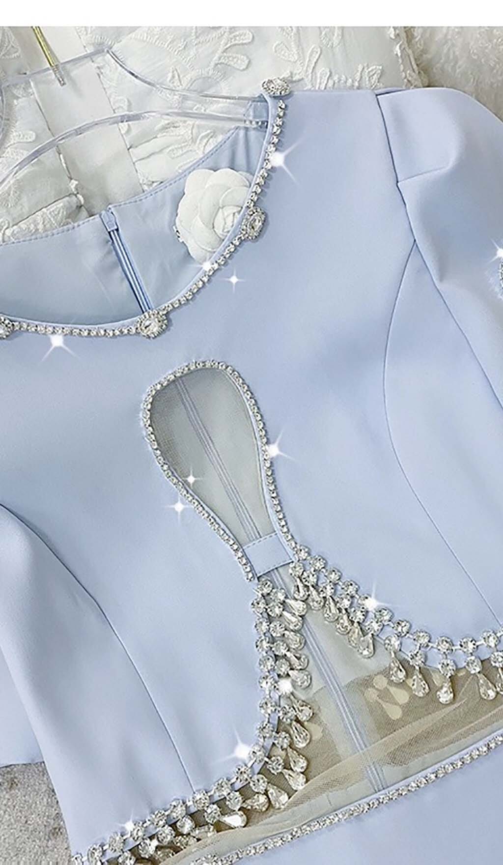 CRYSTAL TRIM CUTOUT SKY BLUE MINI DRESS