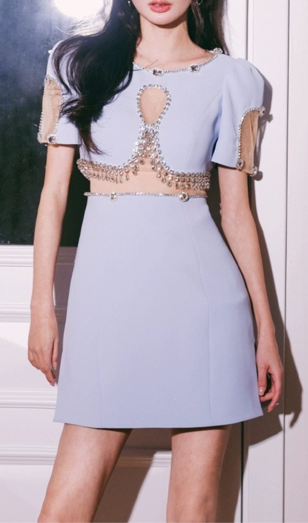 CRYSTAL TRIM CUTOUT SKY BLUE MINI DRESS