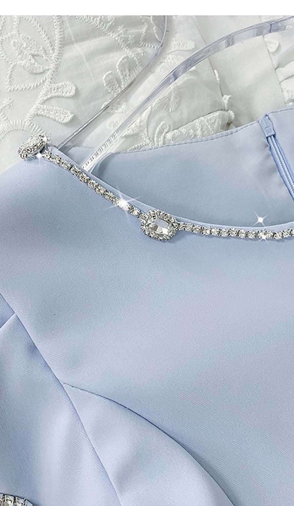 CRYSTAL TRIM CUTOUT SKY BLUE MINI DRESS