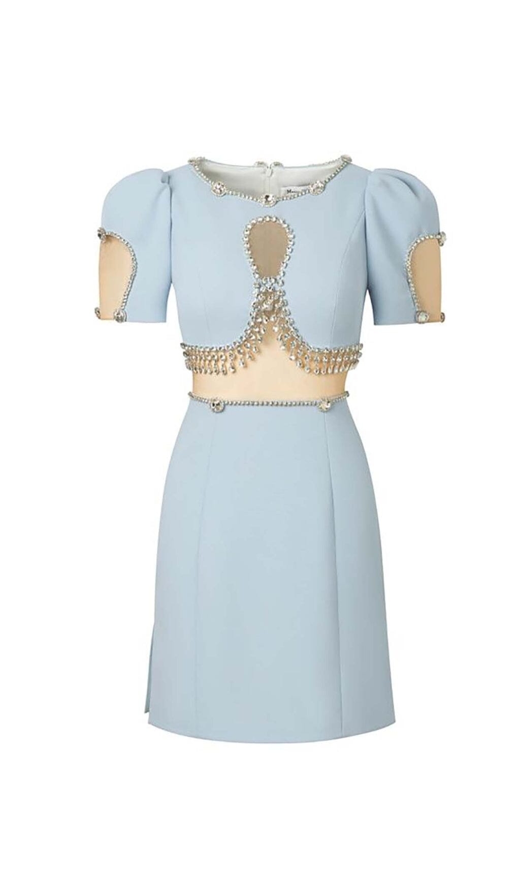 CRYSTAL TRIM CUTOUT SKY BLUE MINI DRESS