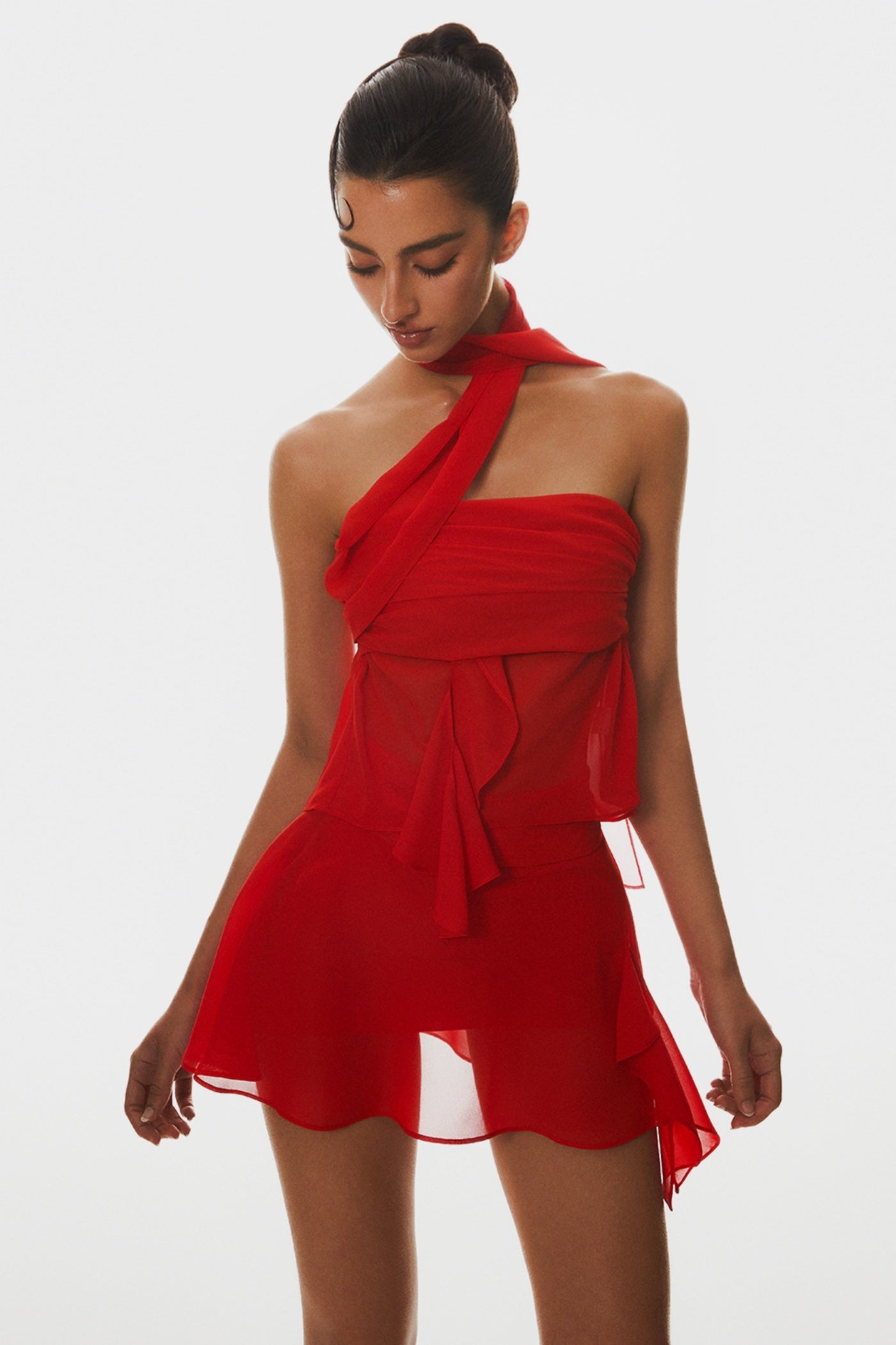 CRISSCROSS CHIFFON WRAP TOP - RED