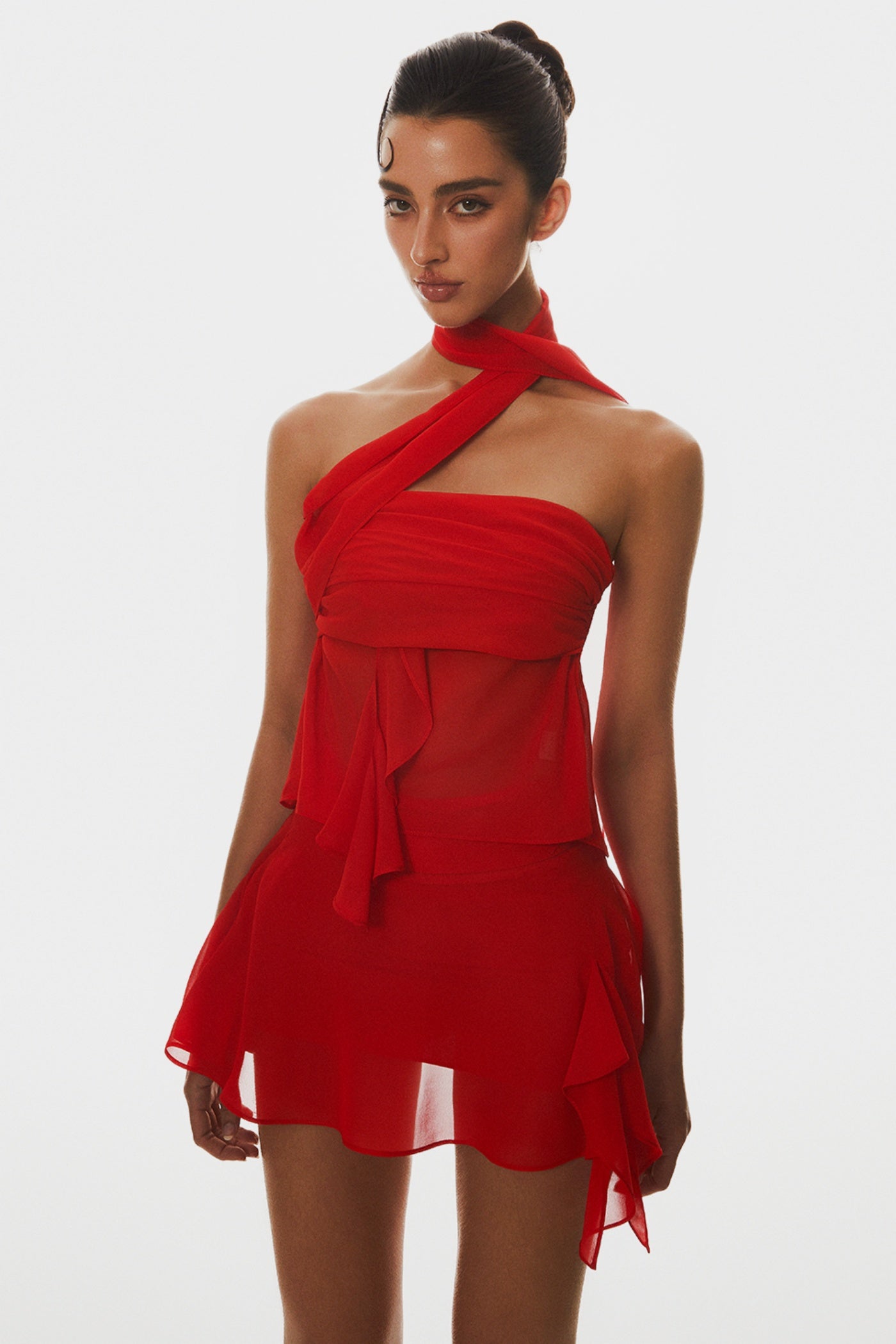CRISSCROSS CHIFFON WRAP TOP - RED
