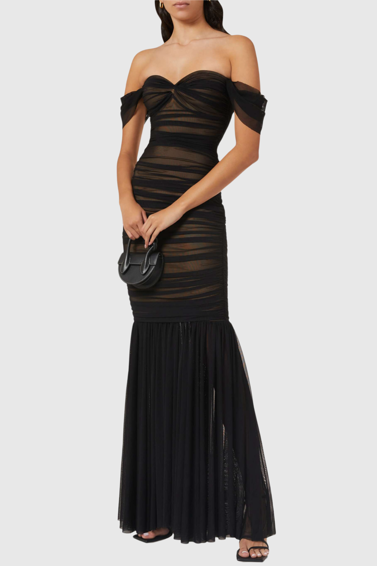 CadhlaOffShoulderRuchedMeshMaxiDress1 CADHLA OFF-SHOULDER RUCHED MESH MAXI DRESS
