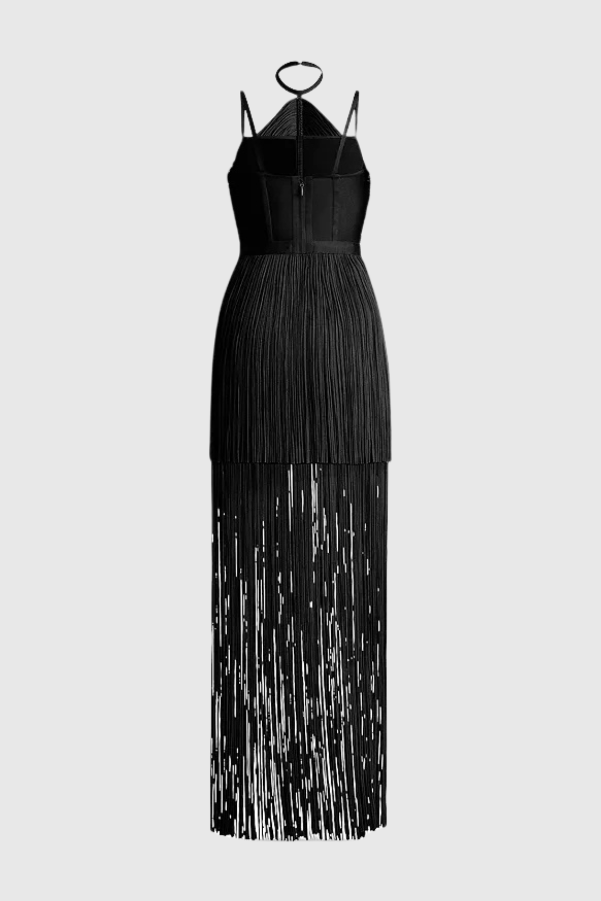 DOLY HALTER FRINGE MAXI BANDAGE DRESS BLACK