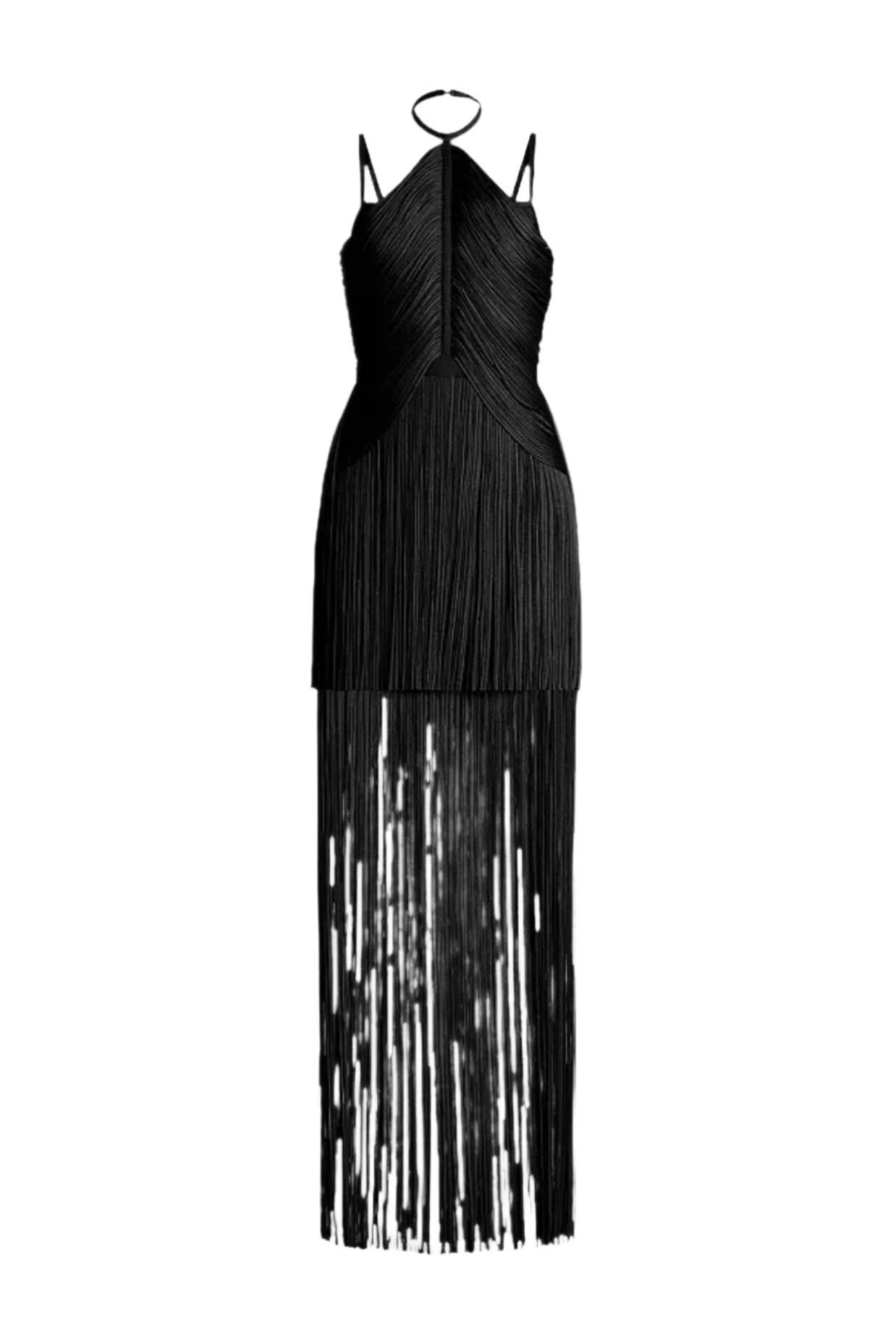 DOLY HALTER FRINGE MAXI BANDAGE DRESS BLACK