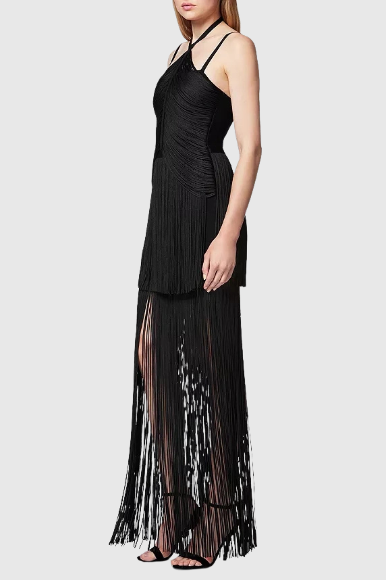 DOLY HALTER FRINGE MAXI BANDAGE DRESS BLACK