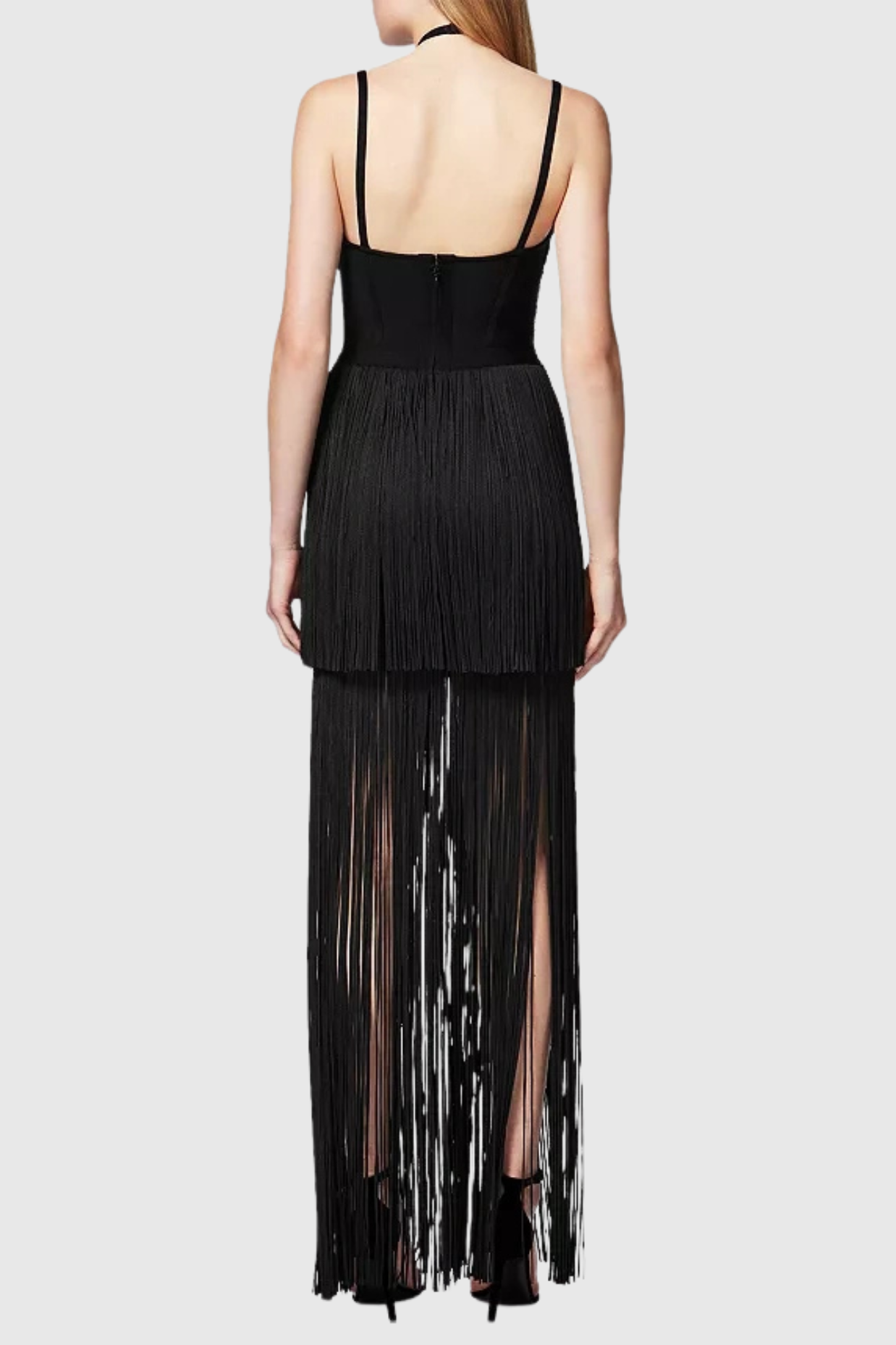 DOLY HALTER FRINGE MAXI BANDAGE DRESS BLACK