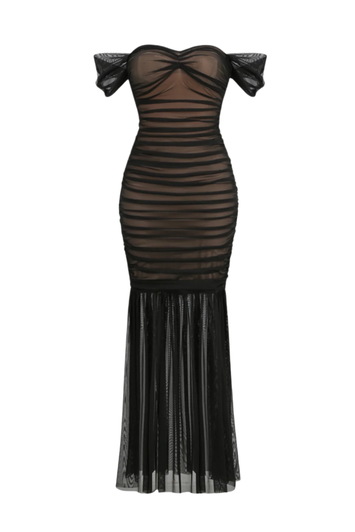 CADHLA OFF-SHOULDER RUCHED MESH MAXI DRESS
