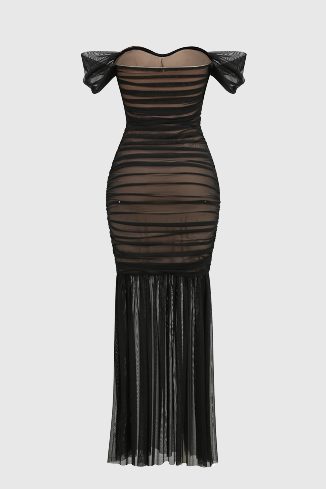 CADHLA OFF-SHOULDER RUCHED MESH MAXI DRESS