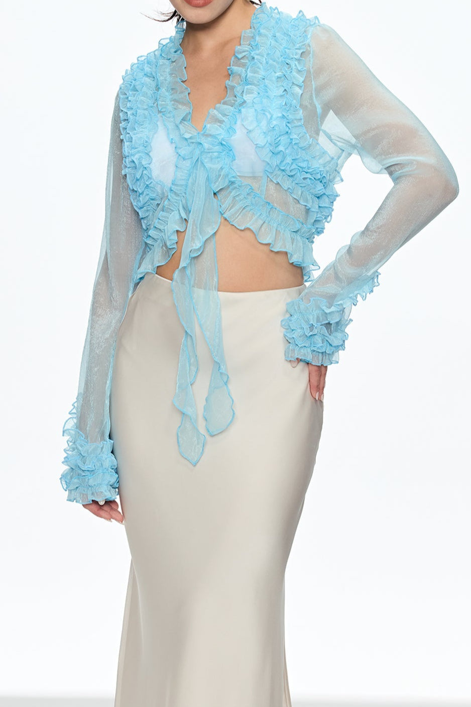EUDORA BLUE RUFFLE LACE UP PLUNGE TOP