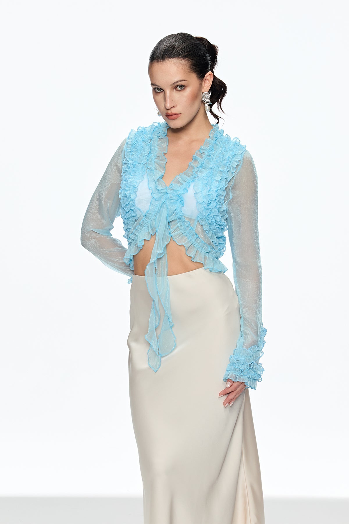 EUDORA BLUE RUFFLE LACE UP PLUNGE TOP