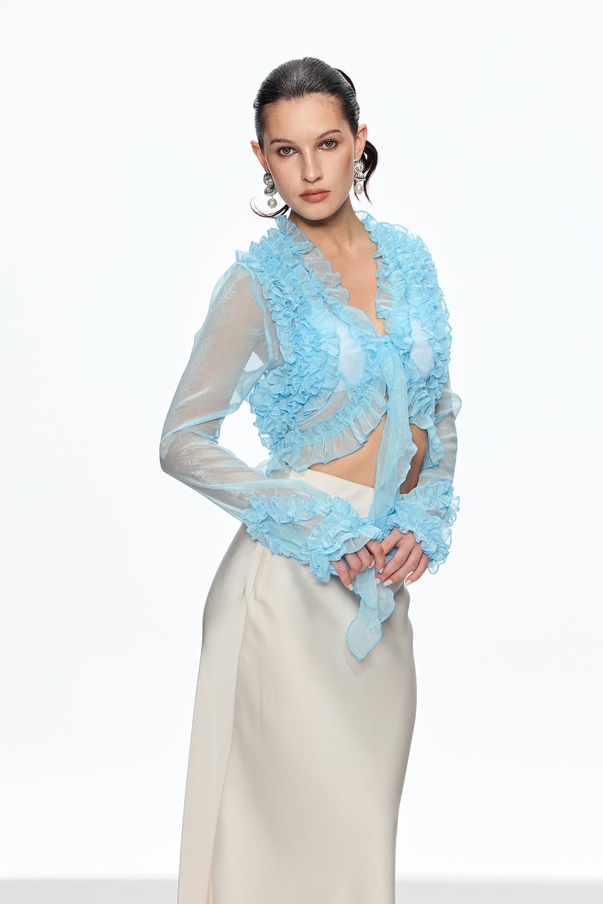 EUDORA BLUE RUFFLE LACE UP PLUNGE TOP