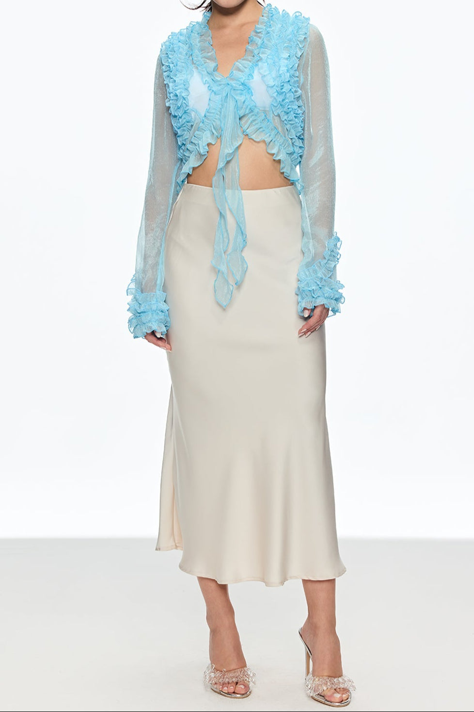 EUDORA BLUE RUFFLE LACE UP PLUNGE TOP