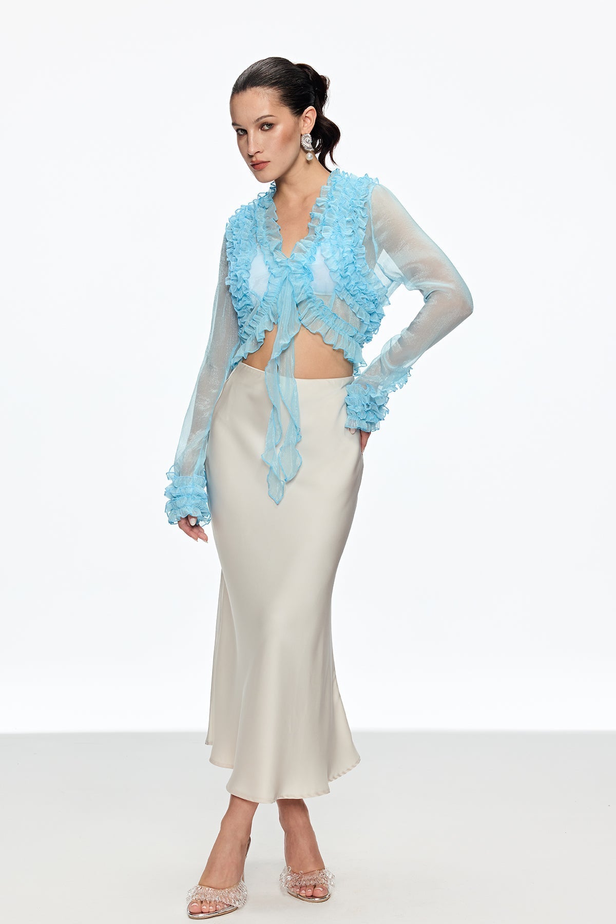 EUDORA BLUE RUFFLE LACE UP PLUNGE TOP
