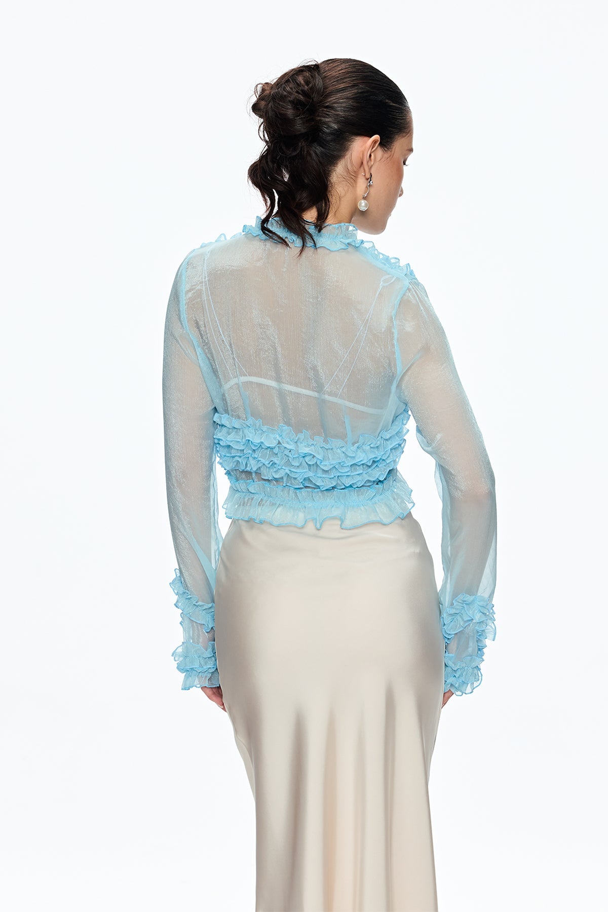 EUDORA BLUE RUFFLE LACE UP PLUNGE TOP