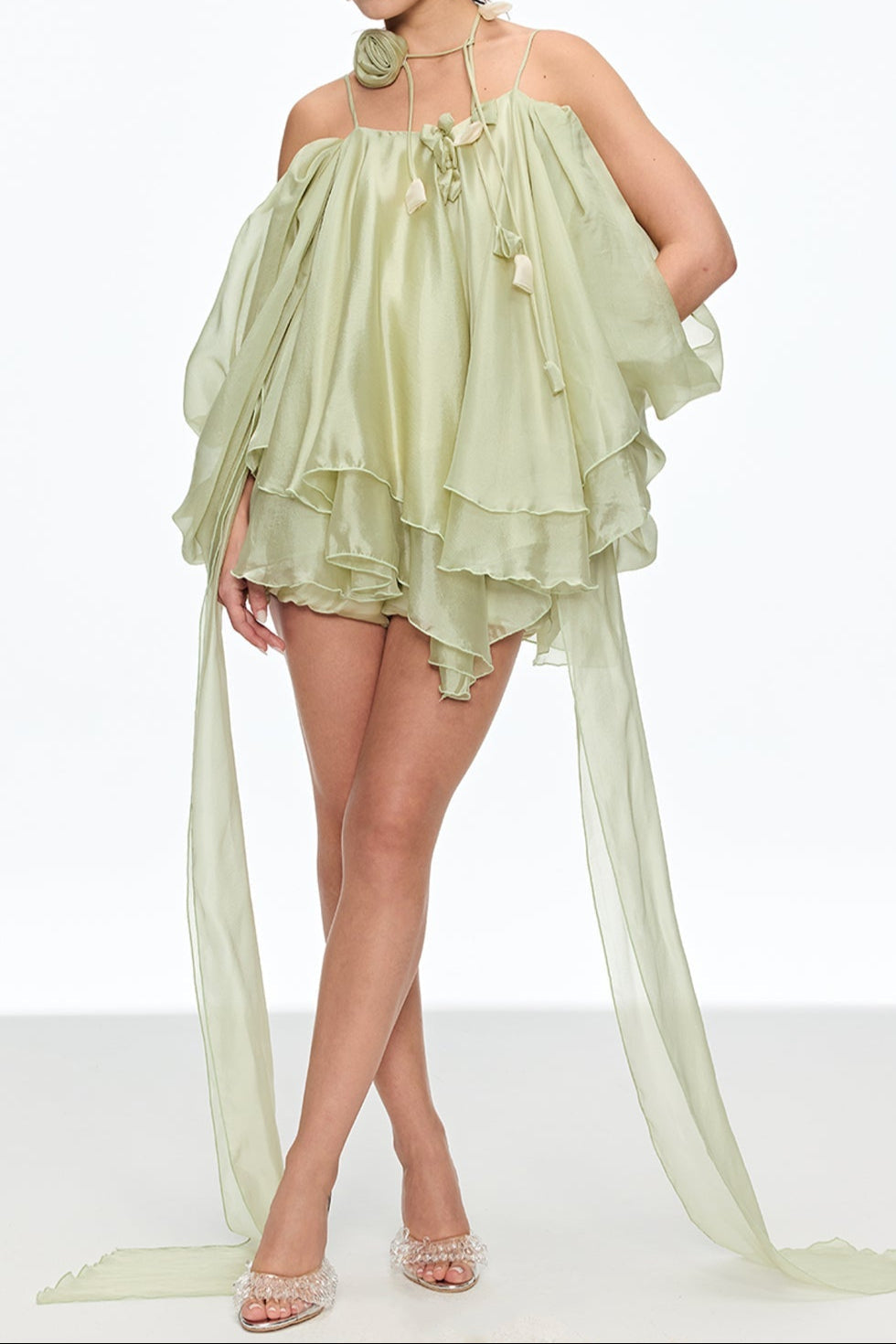 ALISA GREEN RUFFLE LACE-UP FRINGE MINI DRESS