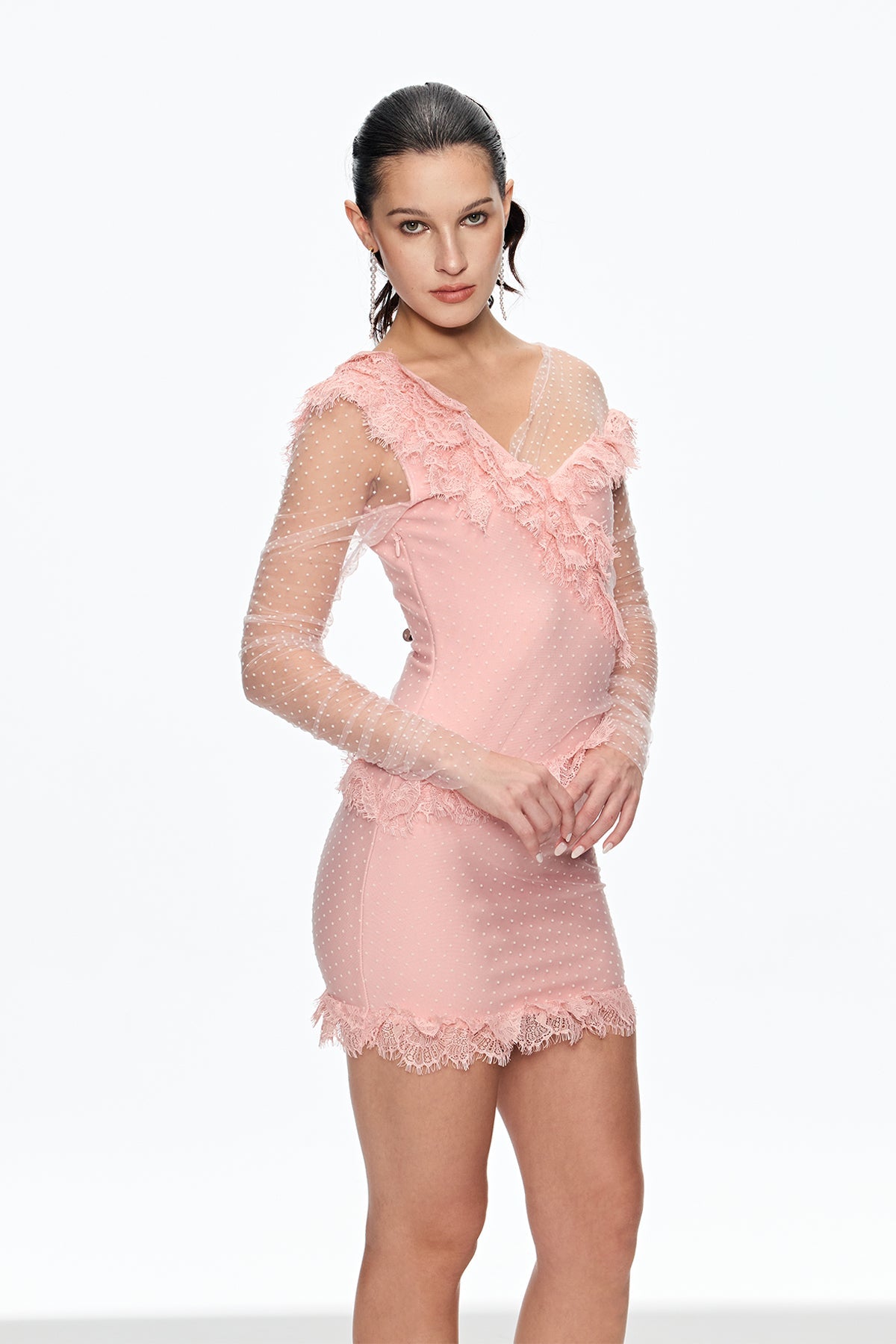 AURORA MESH DOT RUCH MINI DRESS FOR PARTY