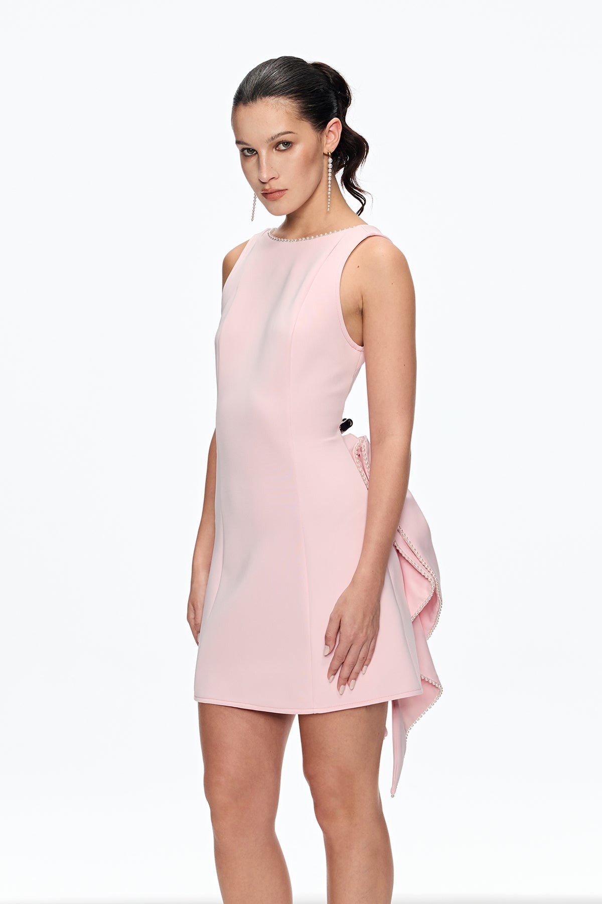 PEARL BOW BACKLESS MINI DRESS PINK