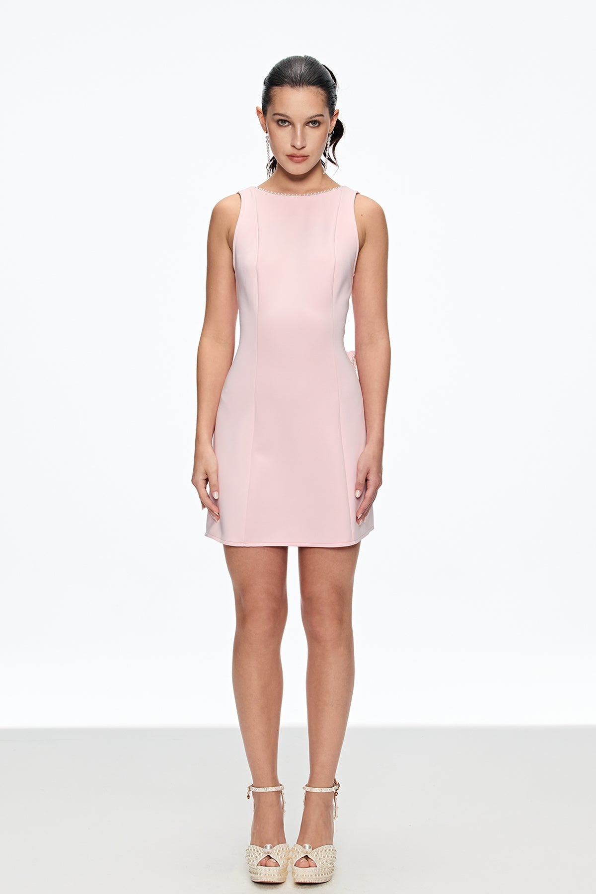 PEARL BOW BACKLESS MINI DRESS PINK