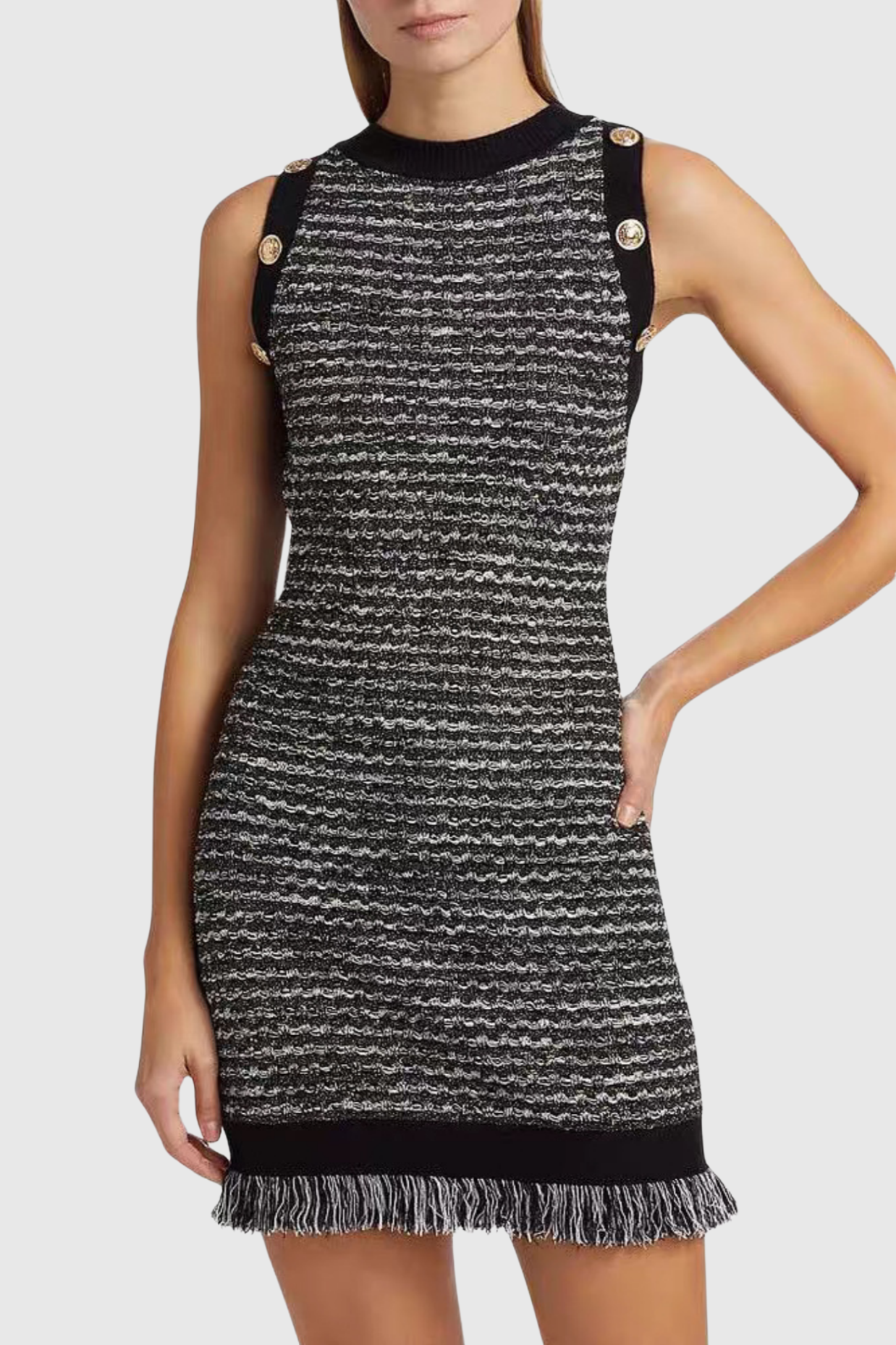 CAILEAN FRINGE TWEED SLEEVELESS MINI DRESS FOR PARTY