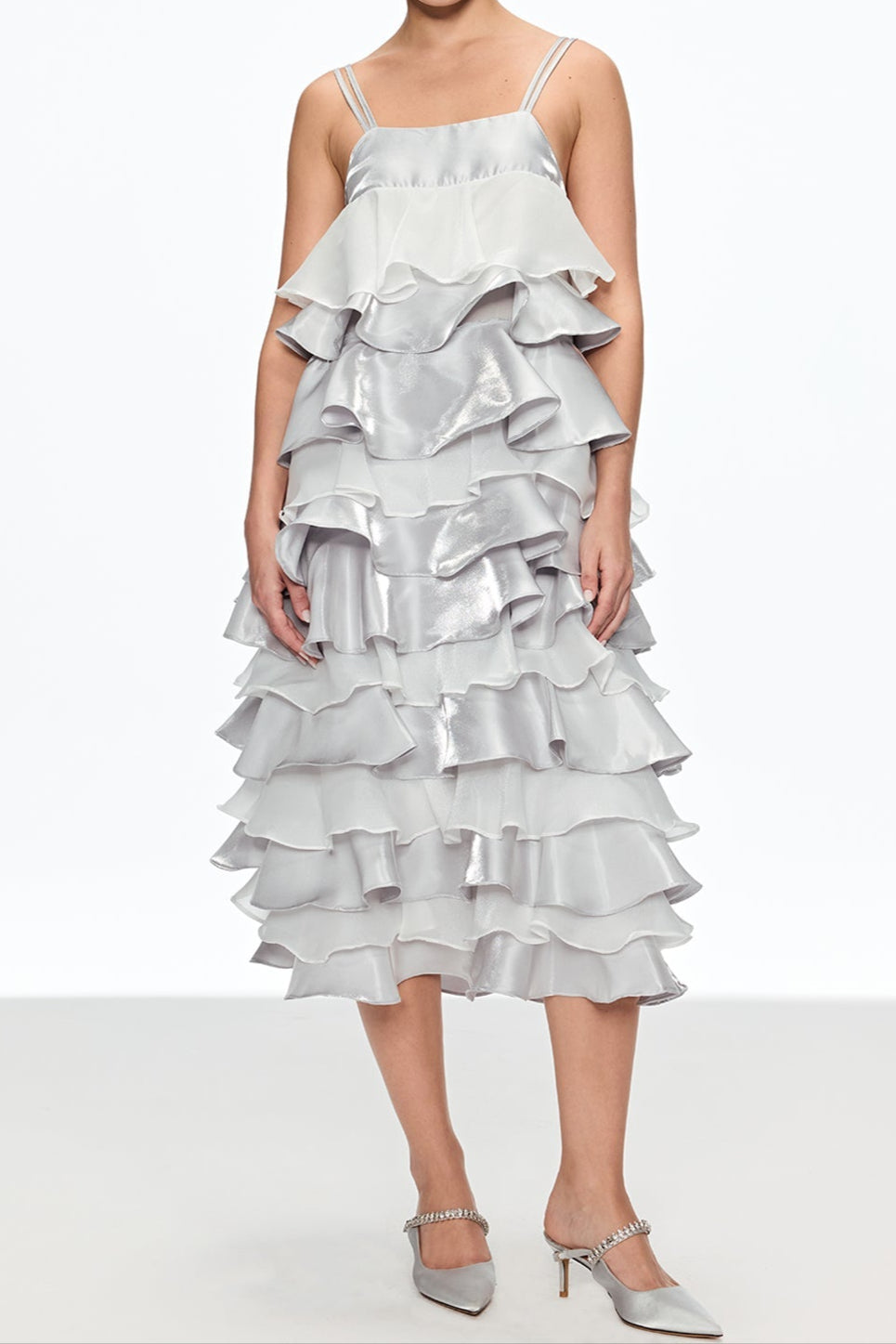 CaiusRuffleSpaghettiMidiDress_1 GRISELDA SILVER RUFFLE MIDI SPAGHETTI DRESS
