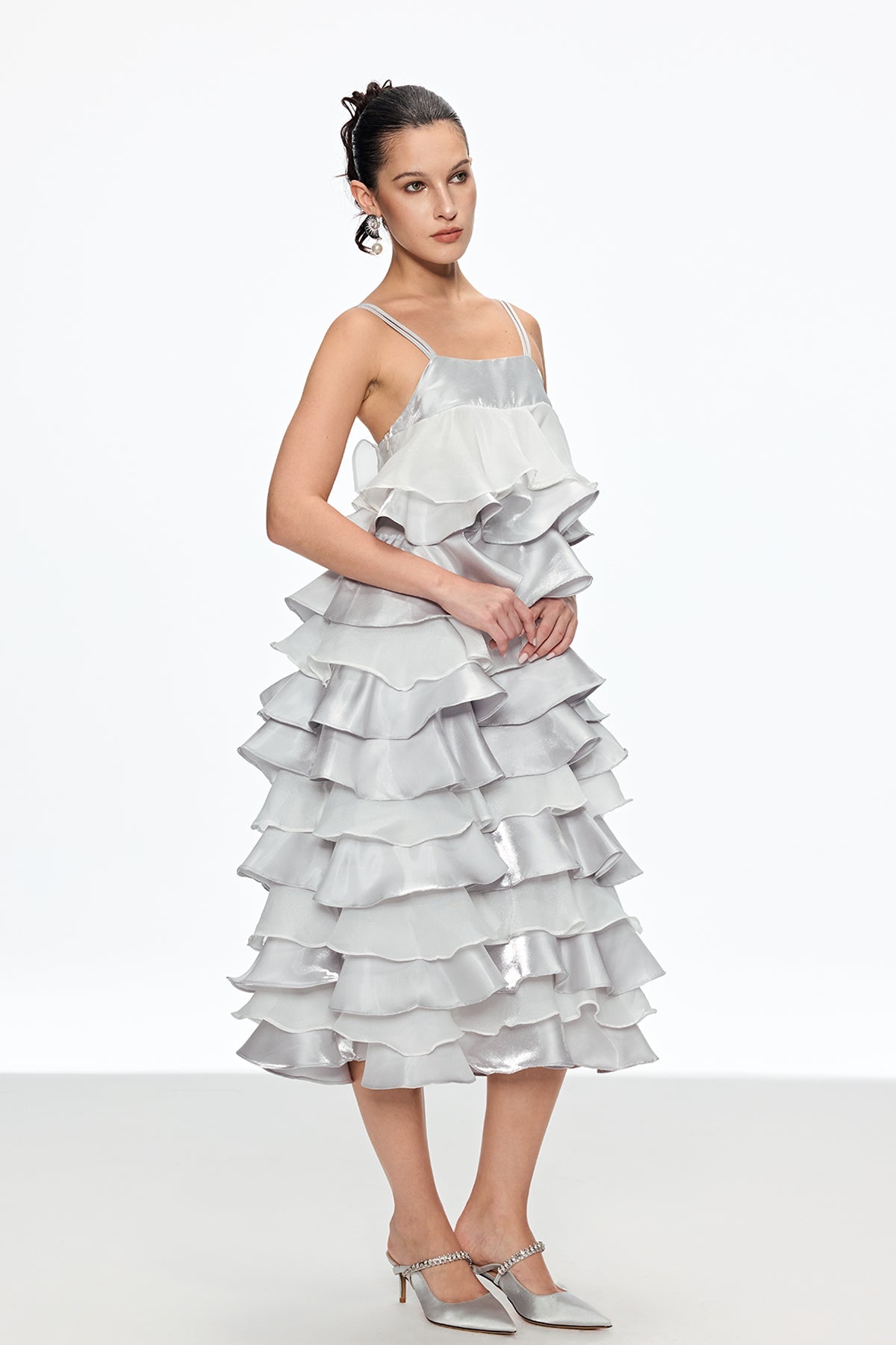 GRISELDA SILVER RUFFLE MIDI SPAGHETTI DRESS