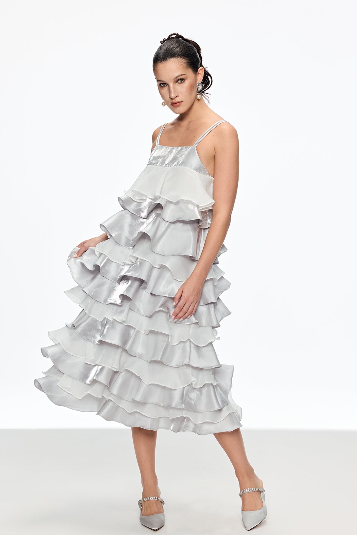 GRISELDA SILVER RUFFLE MIDI SPAGHETTI DRESS