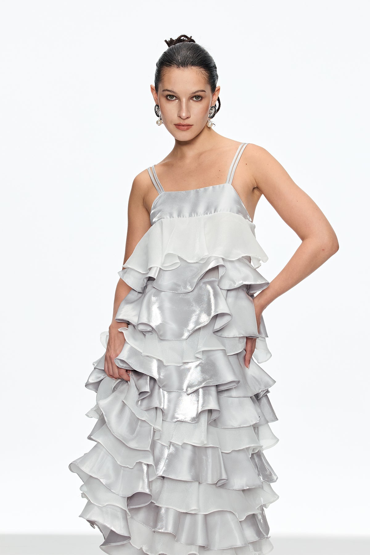 GRISELDA SILVER RUFFLE MIDI SPAGHETTI DRESS