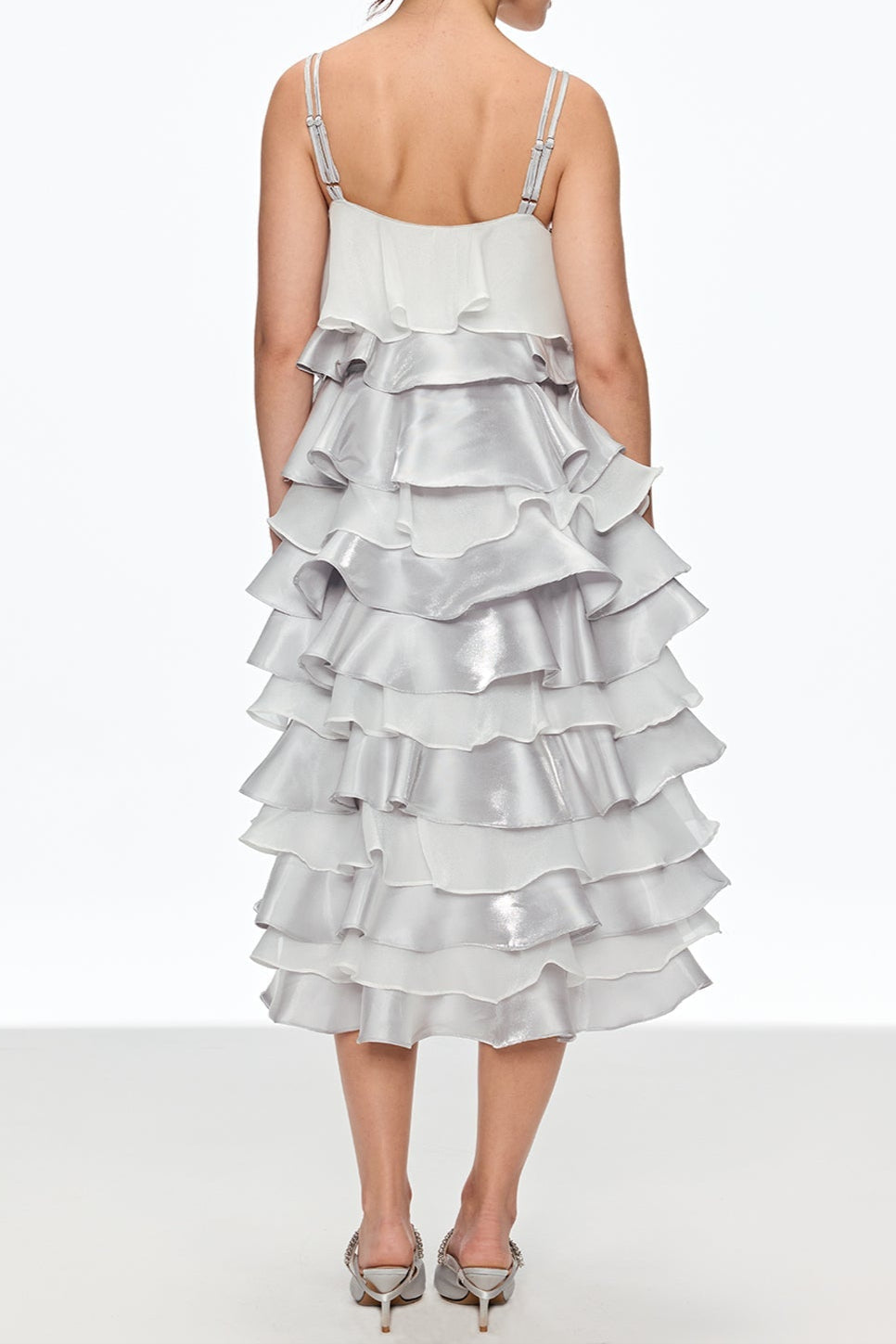 GRISELDA SILVER RUFFLE MIDI SPAGHETTI DRESS