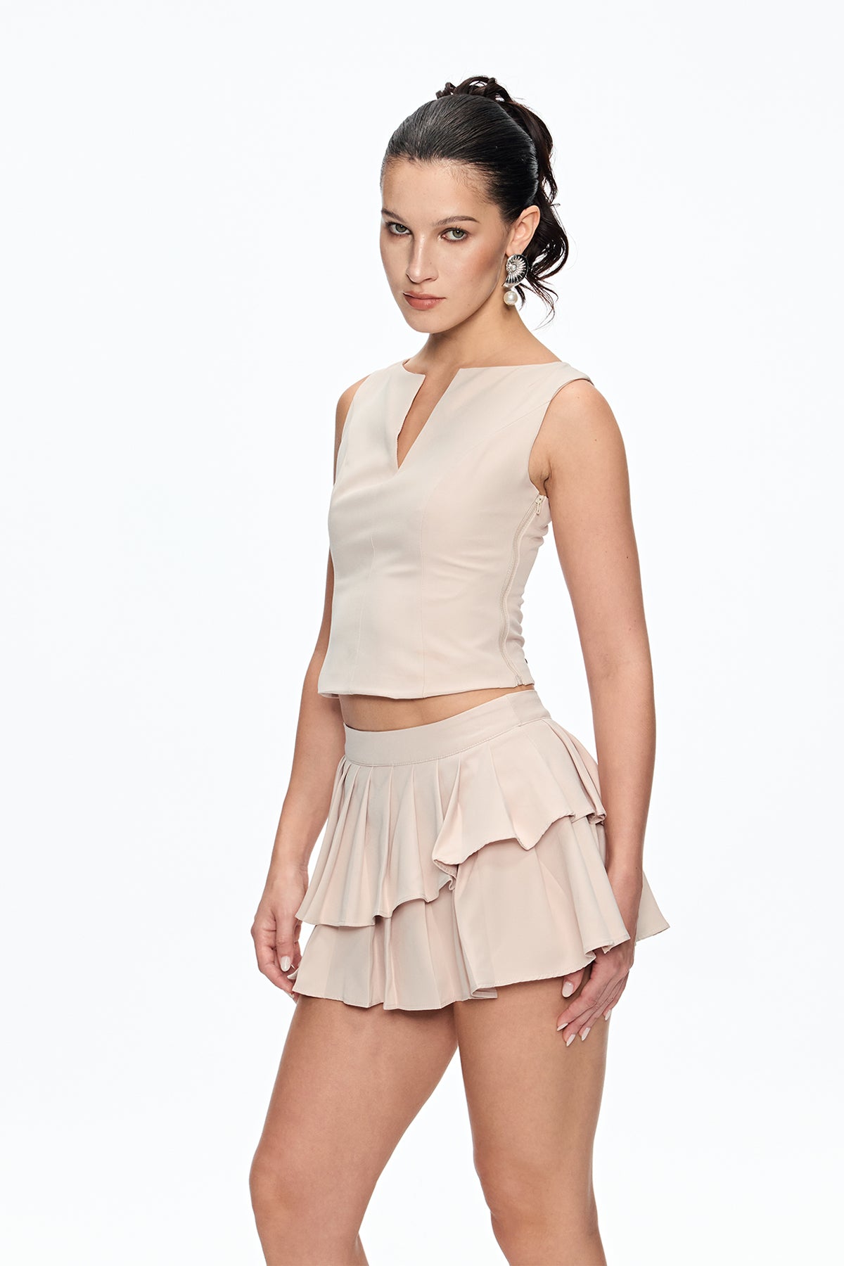ELVIRA SLEEVELESS RUFFLE SKIRT SET BEIGE