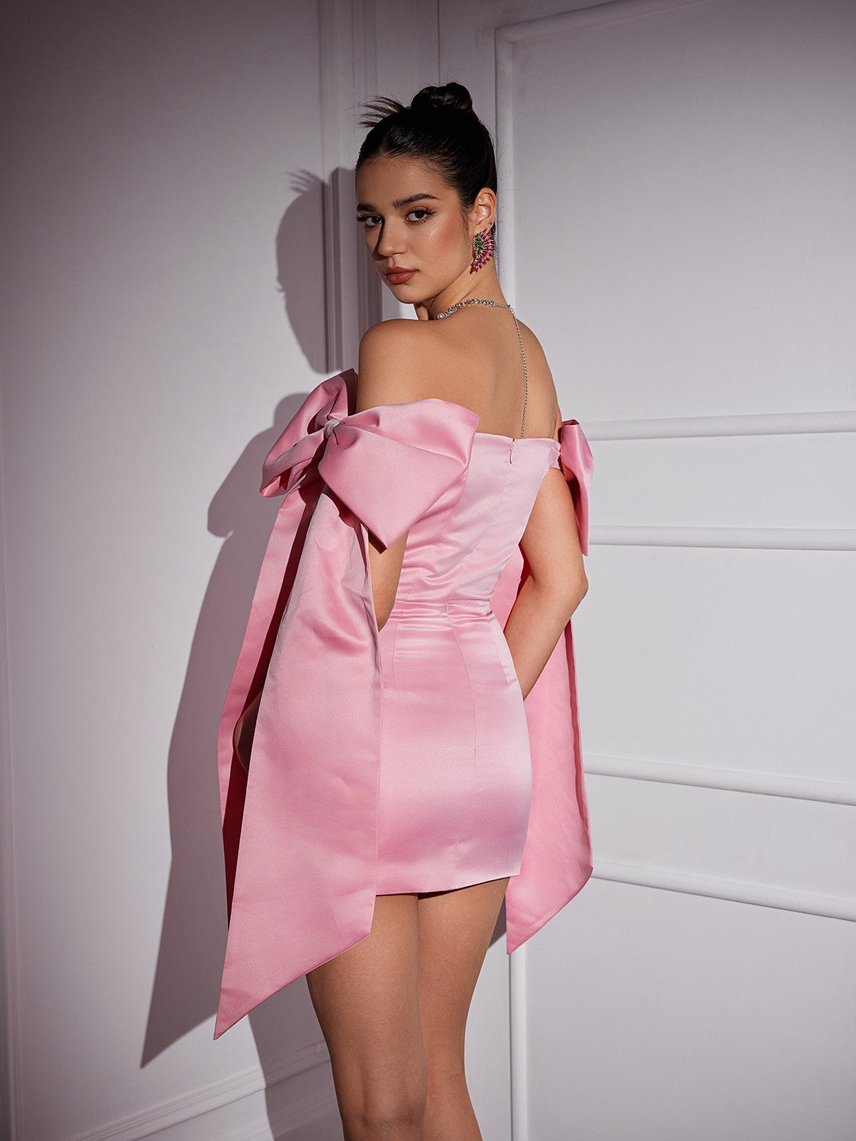 CAMERIN OFF-SHOULDER SATIN BOW MINI DRESS
