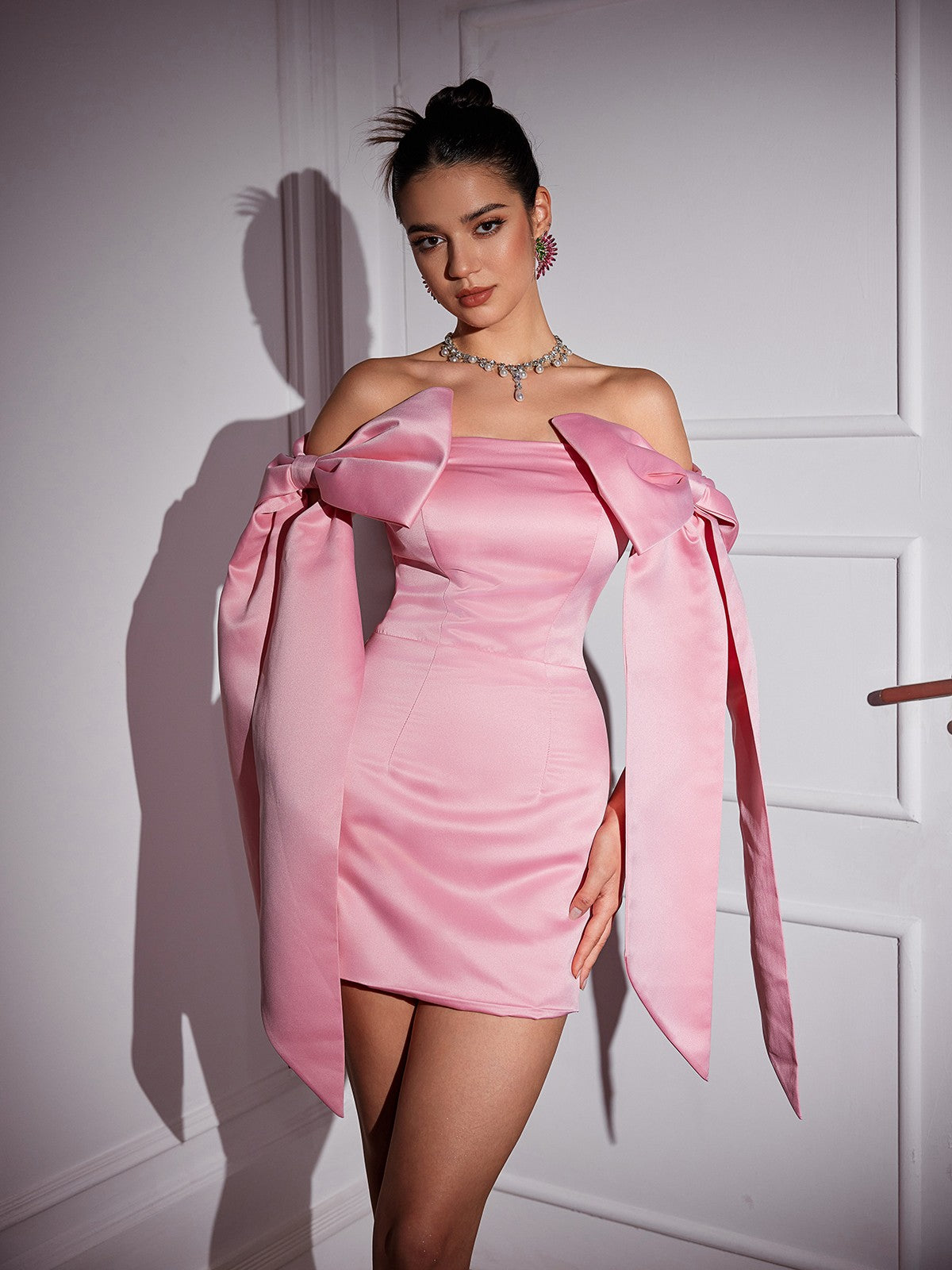 CAMERIN OFF-SHOULDER SATIN BOW MINI DRESS