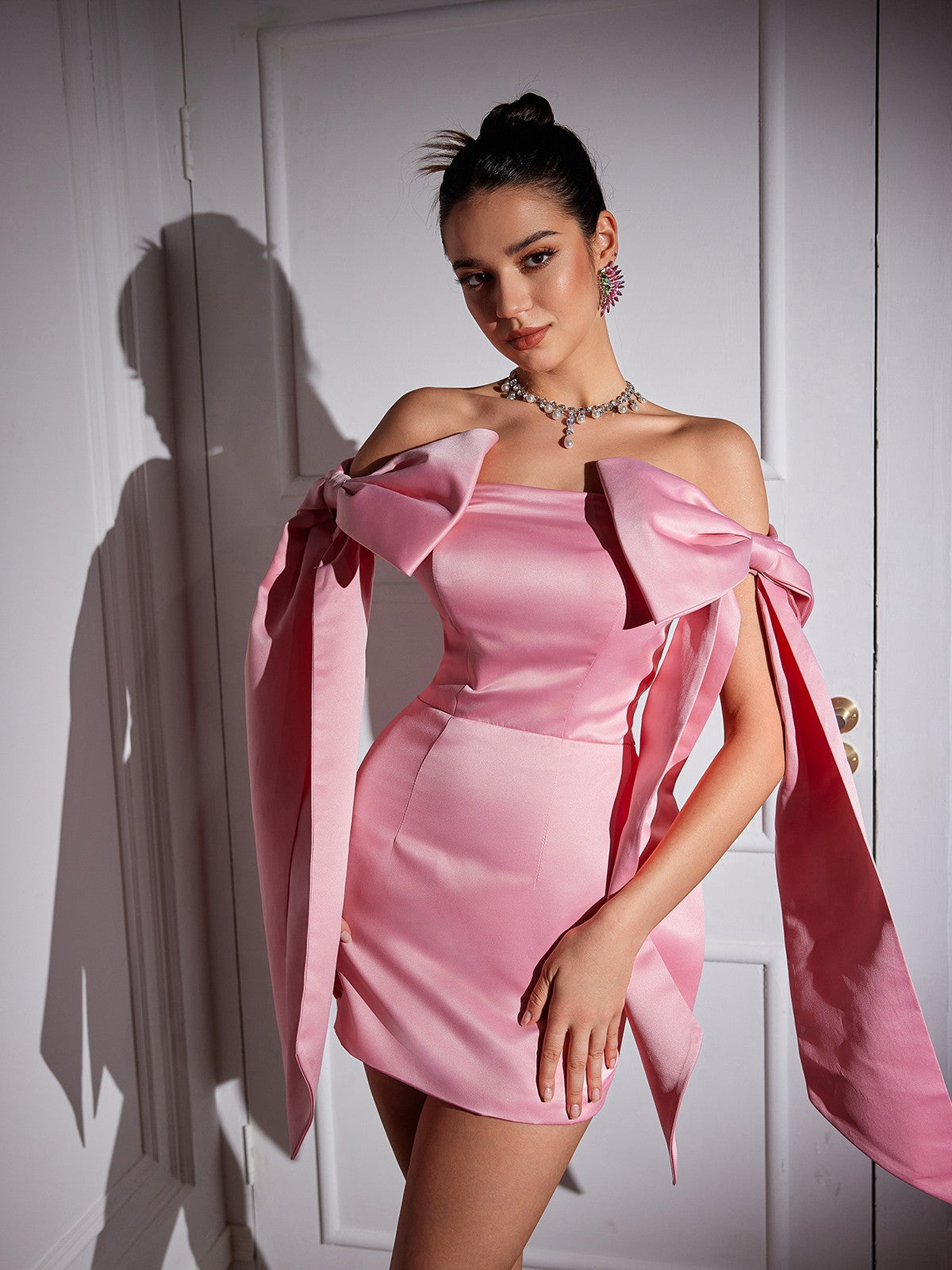 CAMERIN OFF-SHOULDER SATIN BOW MINI DRESS