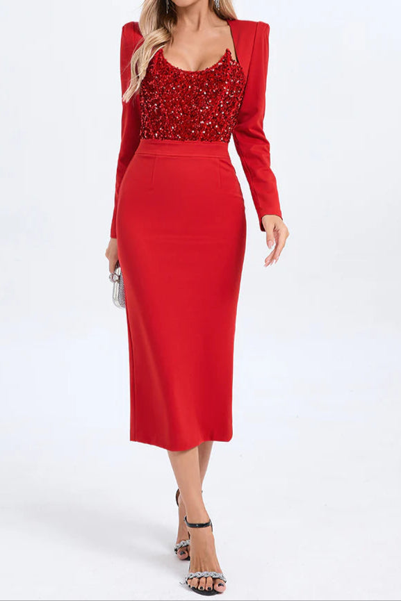 MELISSA RED PATCHWORK SEQUIN MIDI DRESS
