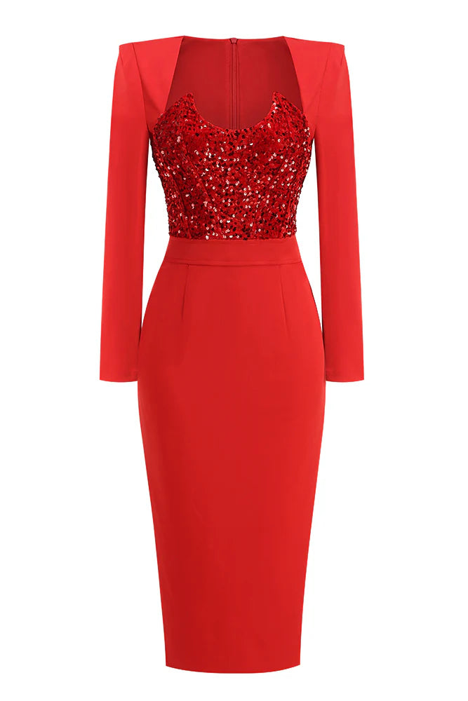MELISSA RED PATCHWORK SEQUIN MIDI DRESS