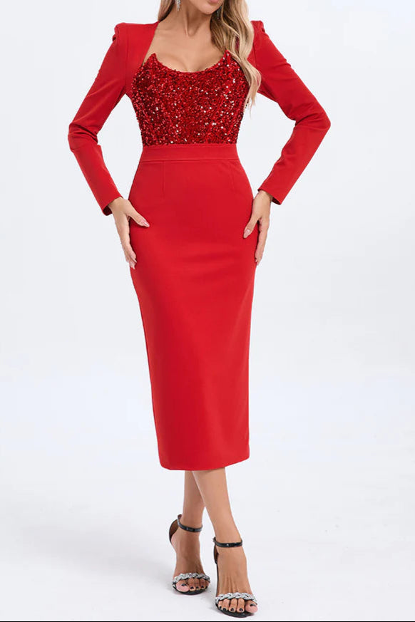 CapSleevesSequinEmbellishedMidiDressinRedBlack_2 MELISSA RED PATCHWORK SEQUIN MIDI DRESS