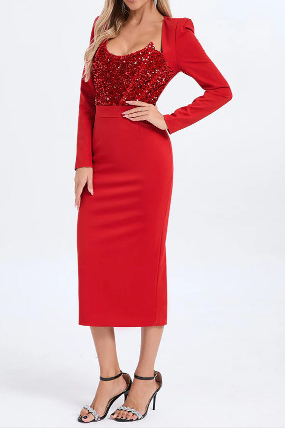MELISSA RED PATCHWORK SEQUIN MIDI DRESS