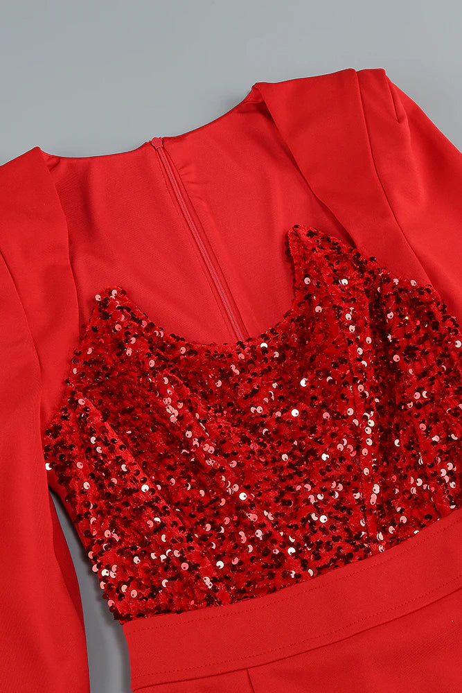MELISSA RED PATCHWORK SEQUIN MIDI DRESS