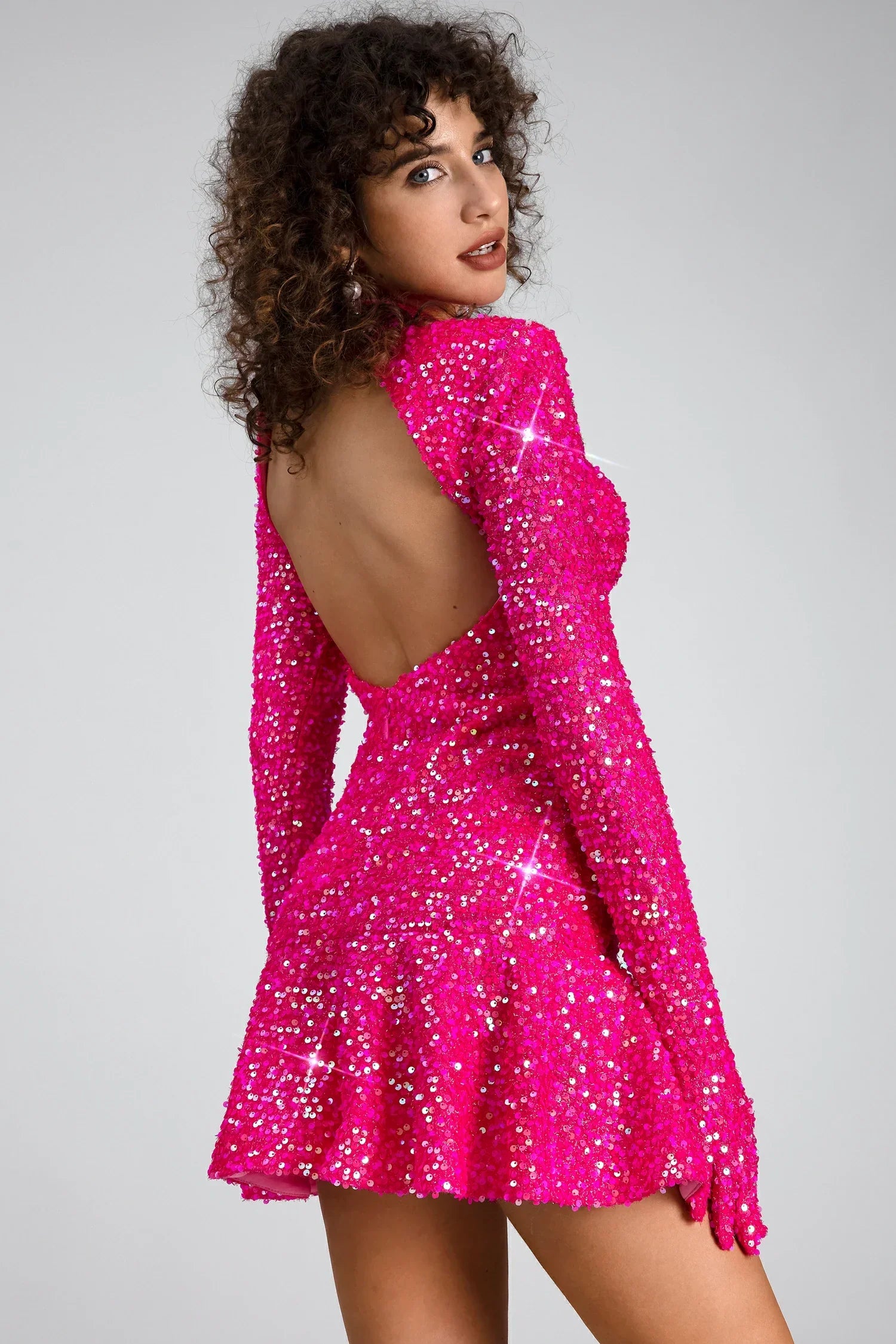 RUBEA GLITTER HIGHNECK BACKLESS MINI DRESS