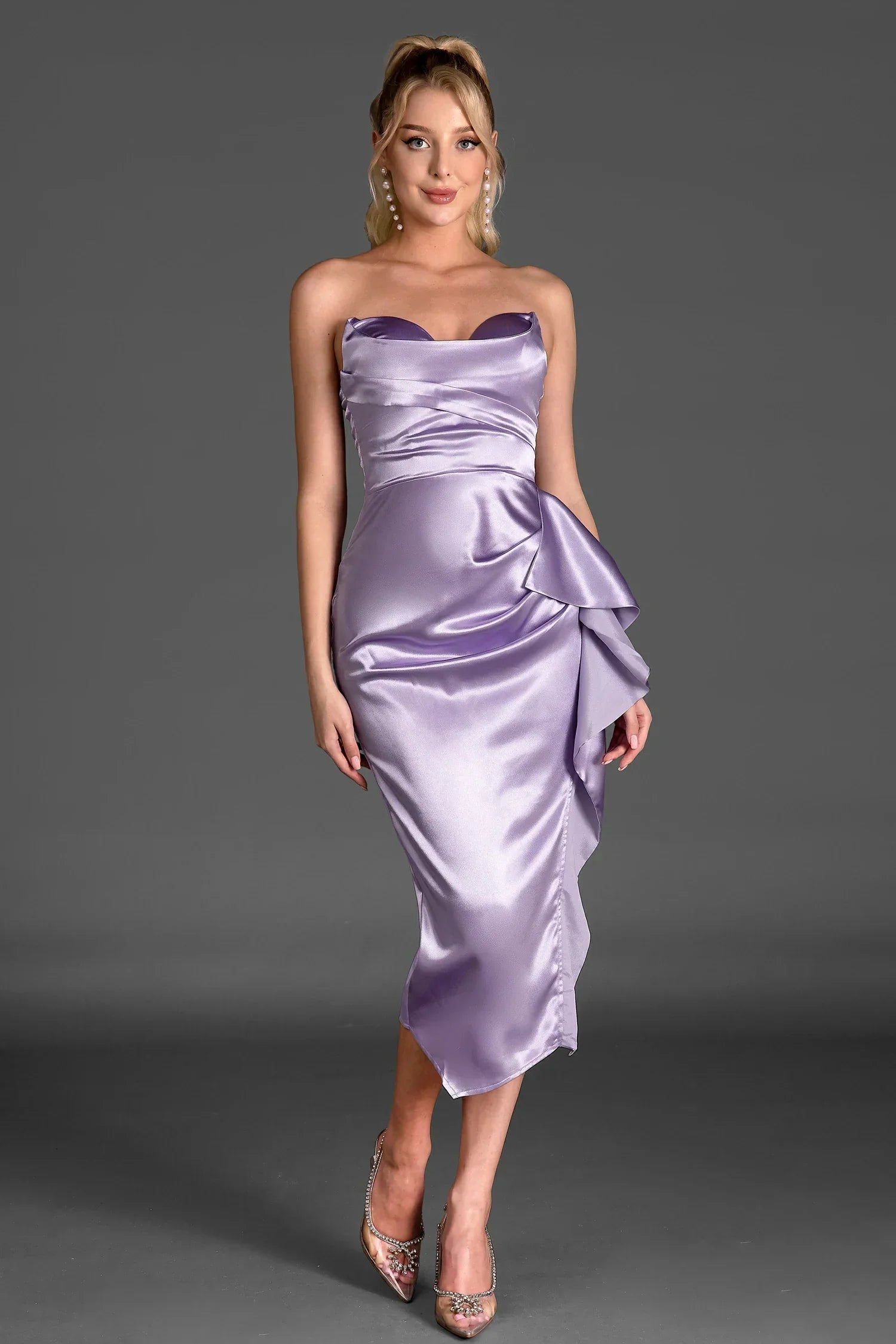 HERAKLES STRAPLESS SATIN RUFFLE DRESS