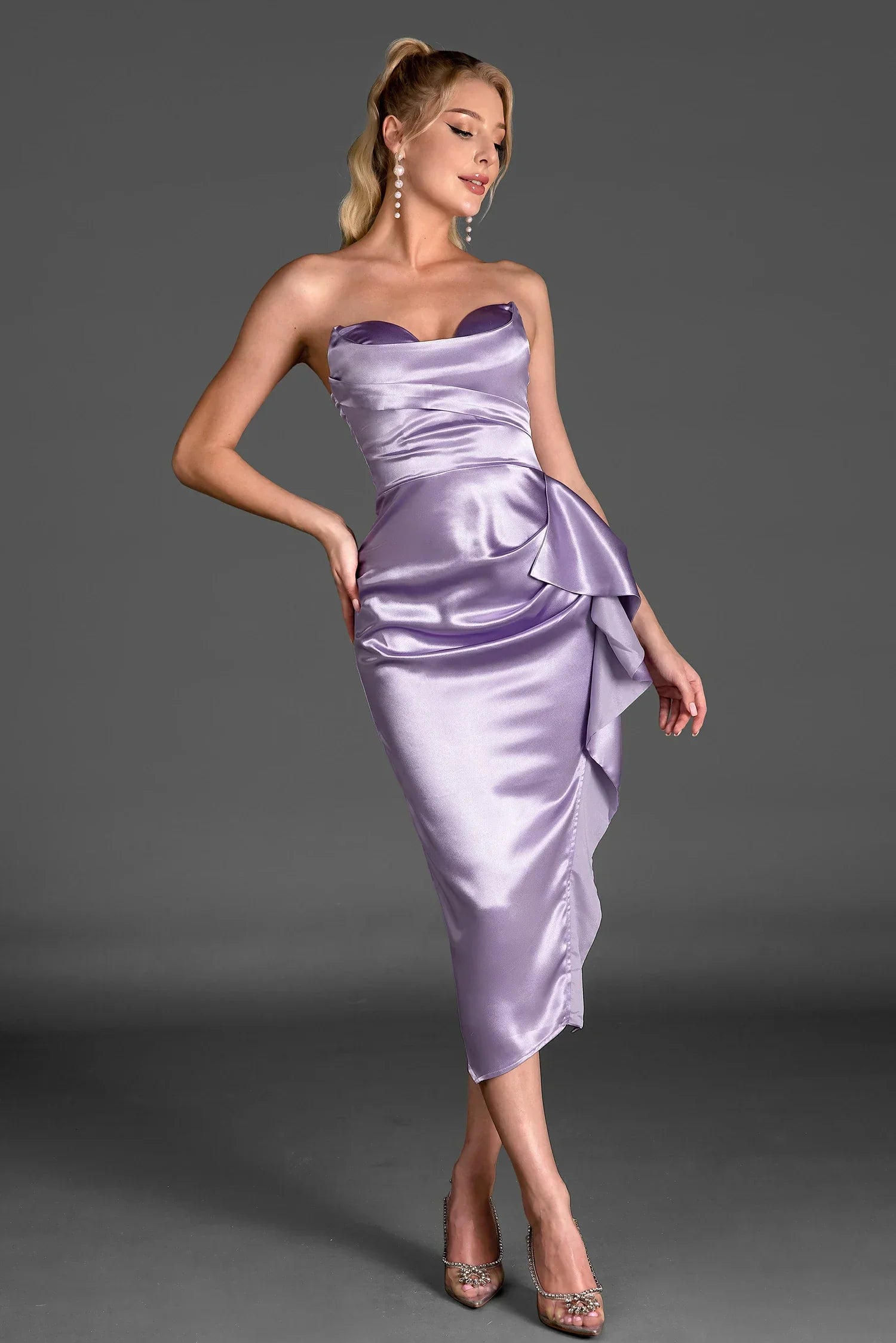 HERAKLES STRAPLESS SATIN RUFFLE DRESS
