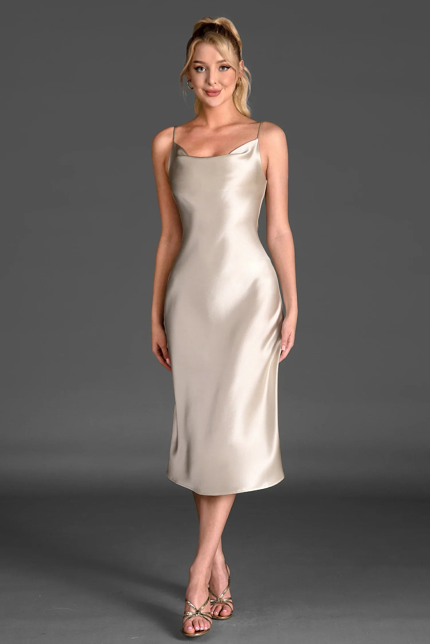 CALELLI STRAP SATIN DRESS FOR EVENING