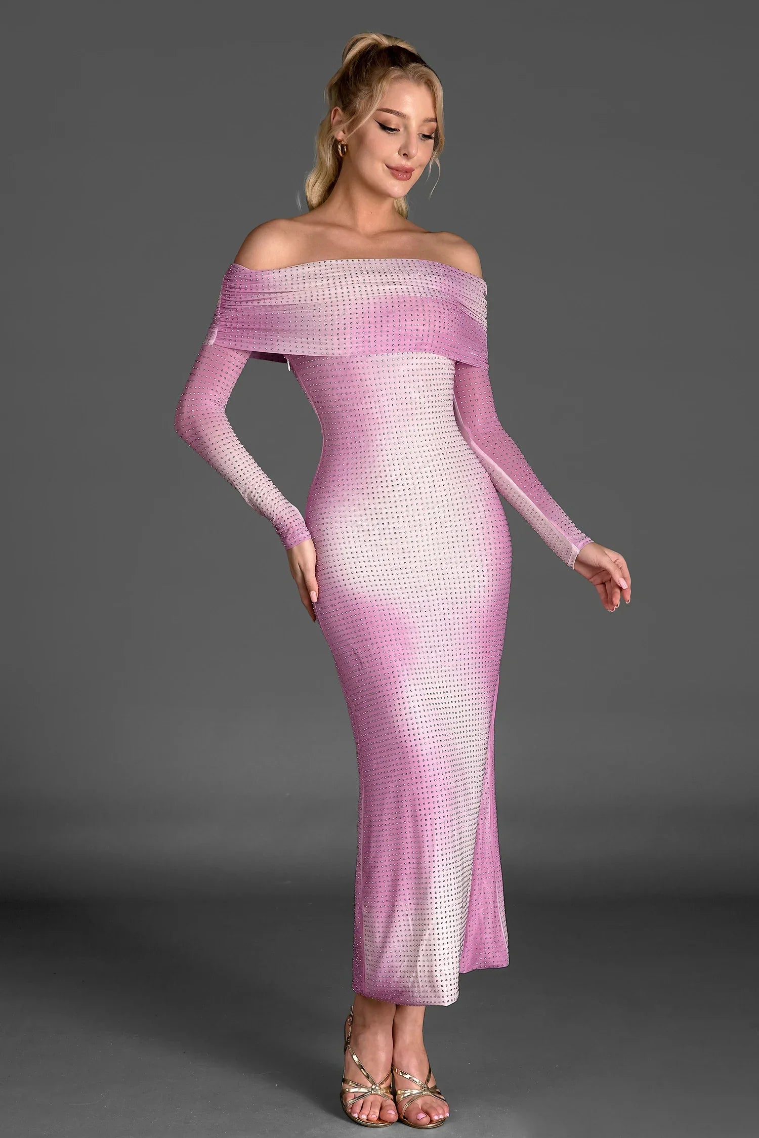 OFF SHOULDER GRADIENT GLITTER PARTY DRESS
